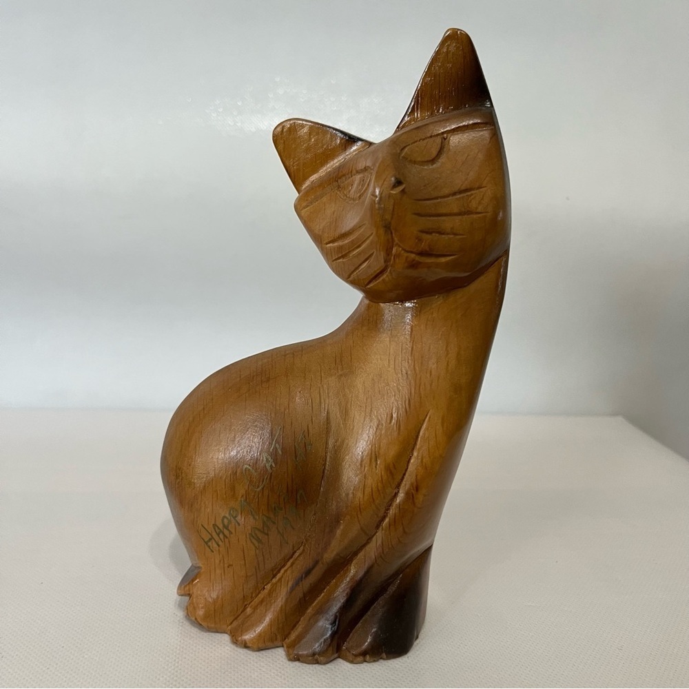 Vintage Wood Carved Hawaiian Happy Cat Sculpture